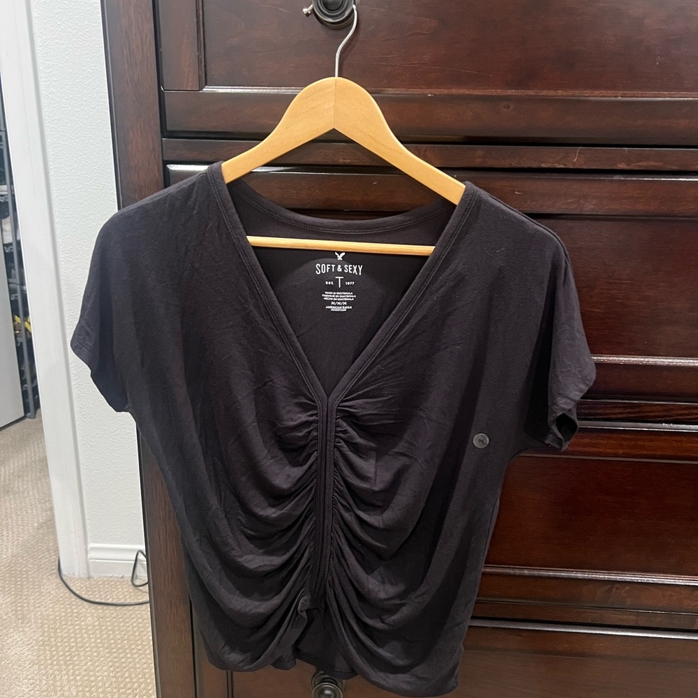 American Eagle Outfitters Black Ruched Tee